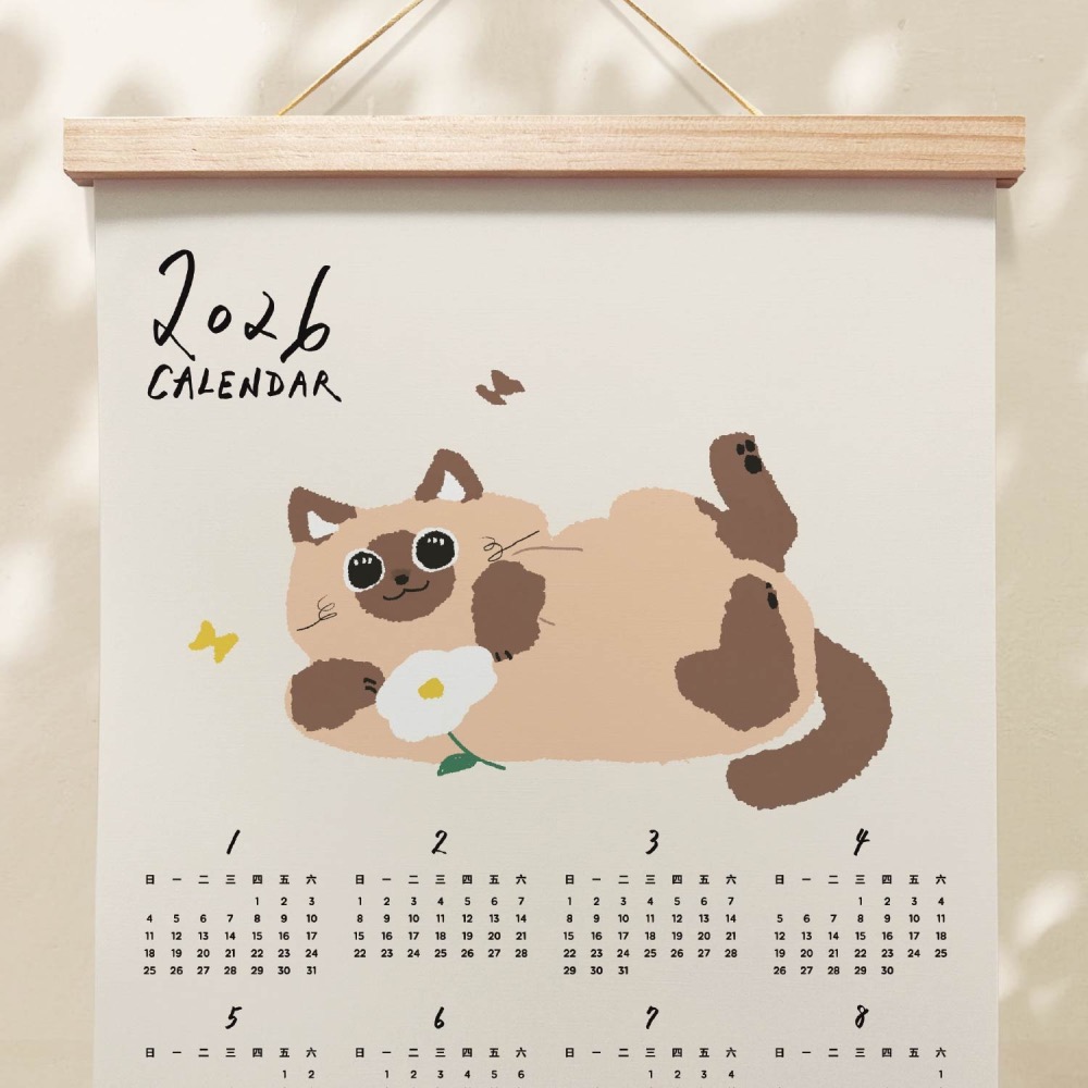 森蕗插畫🌲新款🌲 2026 A3年曆暹羅貓叼花掛曆海報 臥室裝飾牆壁裝飾牆面裝飾居家裝飾房間交換禮物朋友生日禮物-細節圖2