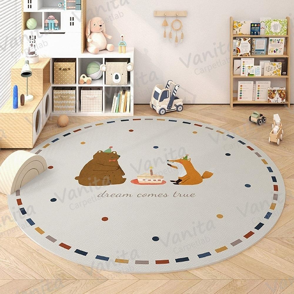 在台現貨｜歡樂派對動物短絨圓形地毯 童趣 可愛 寶寶慶生 遊戲房 房間臥室 清爽短毛 耐髒 水晶絨 抓周地墊 閱讀區地墊-細節圖7