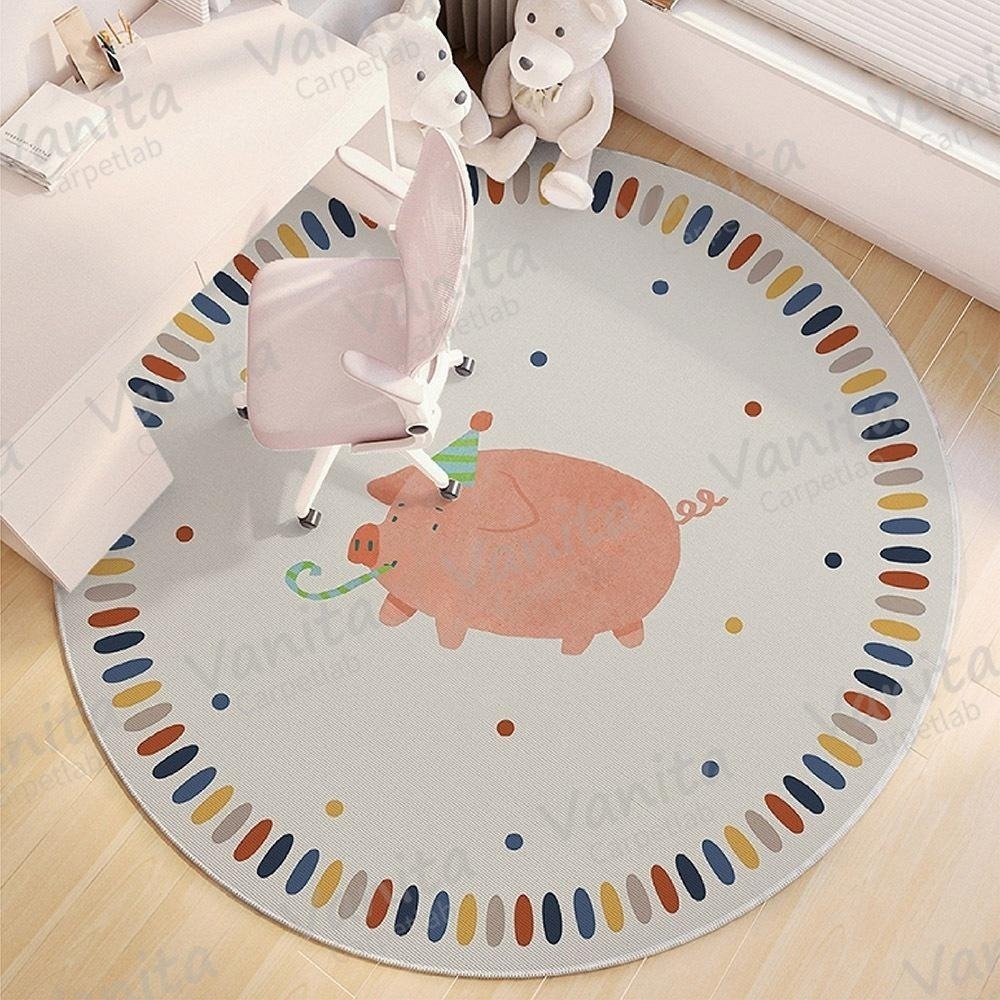 在台現貨｜歡樂派對動物短絨圓形地毯 童趣 可愛 寶寶慶生 遊戲房 房間臥室 清爽短毛 耐髒 水晶絨 抓周地墊 閱讀區地墊-細節圖8