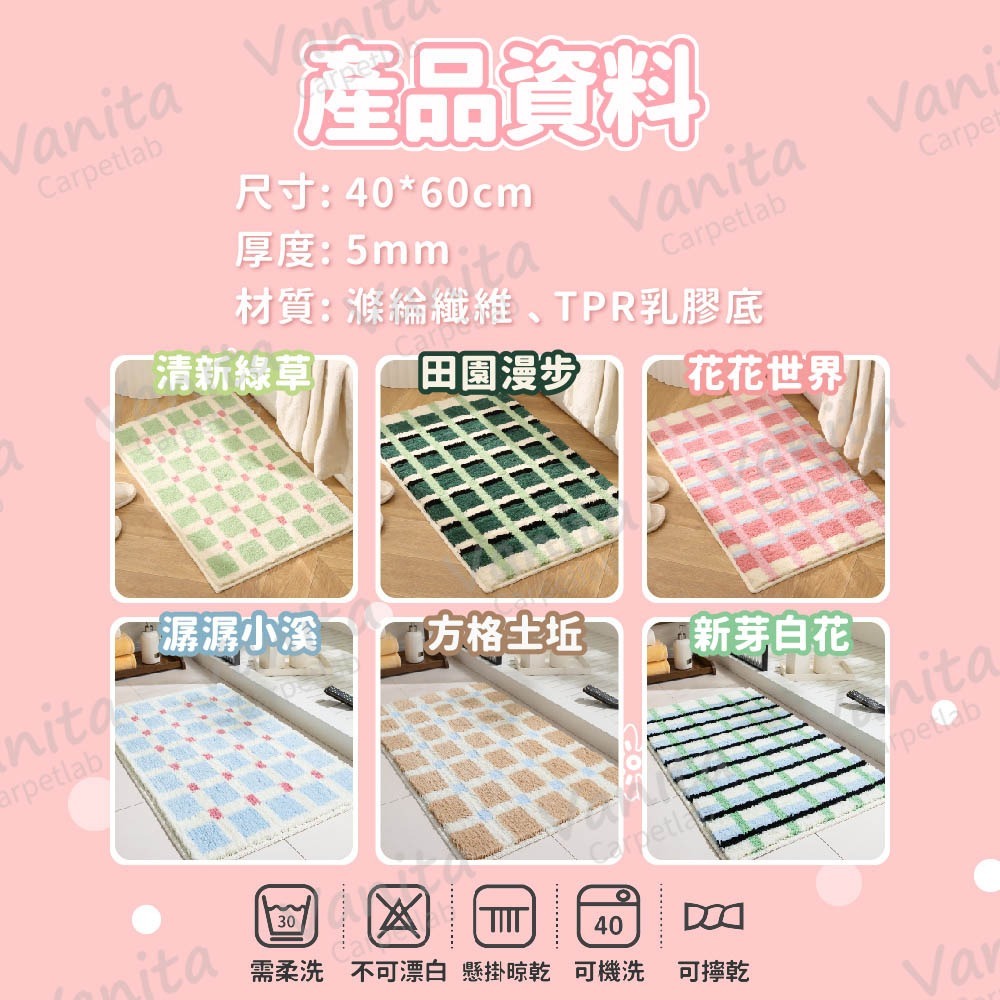 在台現貨｜ins風奶奶花園吸水地毯 復古 可愛 絨毛 格紋 客廳踏墊 浴室吸水 植絨 臥室 毛巾 室內地毯 防滑-細節圖9