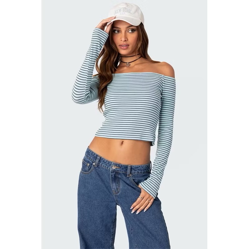 全新現貨✨Edikted薄荷綠藍綠色黑色條紋一字領貼身彈性長袖上衣-細節圖2