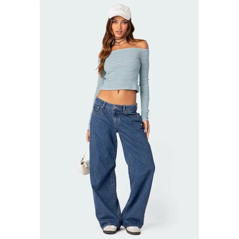 全新現貨✨Edikted薄荷綠藍綠色黑色條紋一字領貼身彈性長袖上衣-細節圖3