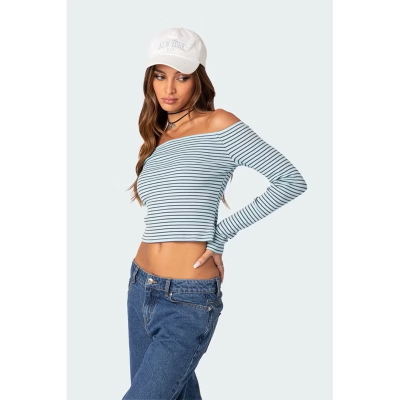 全新現貨✨Edikted薄荷綠藍綠色黑色條紋一字領貼身彈性長袖上衣-細節圖4