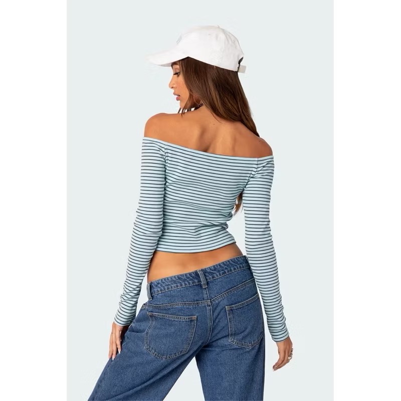 全新現貨✨Edikted薄荷綠藍綠色黑色條紋一字領貼身彈性長袖上衣-細節圖5