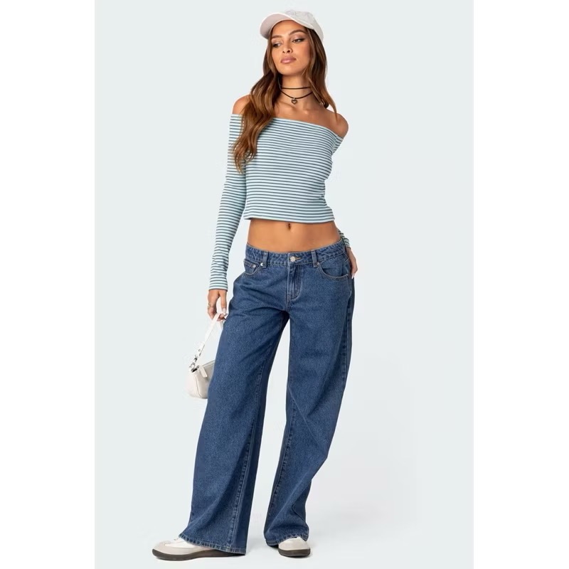 全新現貨✨Edikted薄荷綠藍綠色黑色條紋一字領貼身彈性長袖上衣-細節圖6