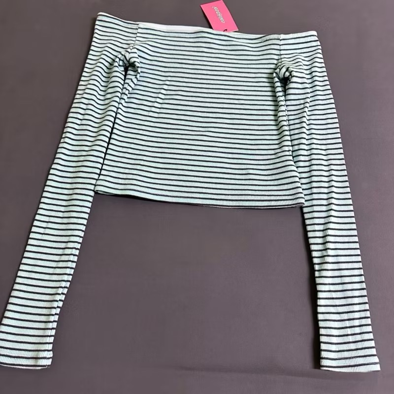 全新現貨✨Edikted薄荷綠藍綠色黑色條紋一字領貼身彈性長袖上衣-細節圖7