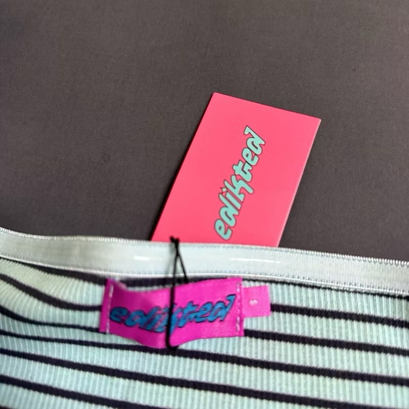 全新現貨✨Edikted薄荷綠藍綠色黑色條紋一字領貼身彈性長袖上衣-細節圖8