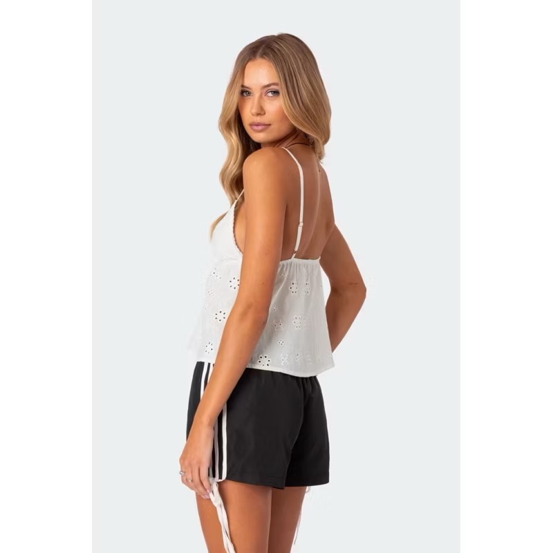 Edikted法式白色雕花鏤空黑色蝴蝶結V領細肩帶無袖背心-細節圖7