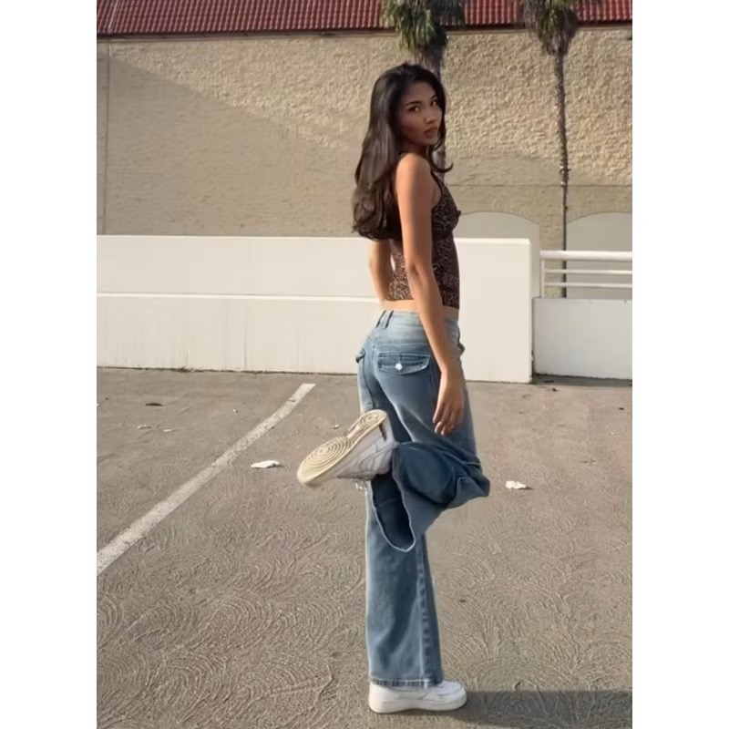 Edikted高腰藍色刷色側邊大口袋彈性直筒單寧牛仔褲工裝褲cargo jeans-細節圖2