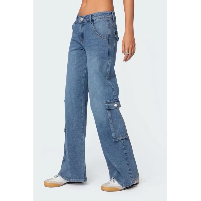 Edikted高腰藍色刷色側邊大口袋彈性直筒單寧牛仔褲工裝褲cargo jeans-細節圖4