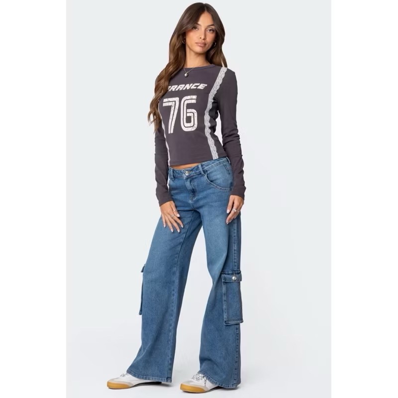 Edikted高腰藍色刷色側邊大口袋彈性直筒單寧牛仔褲工裝褲cargo jeans-細節圖5