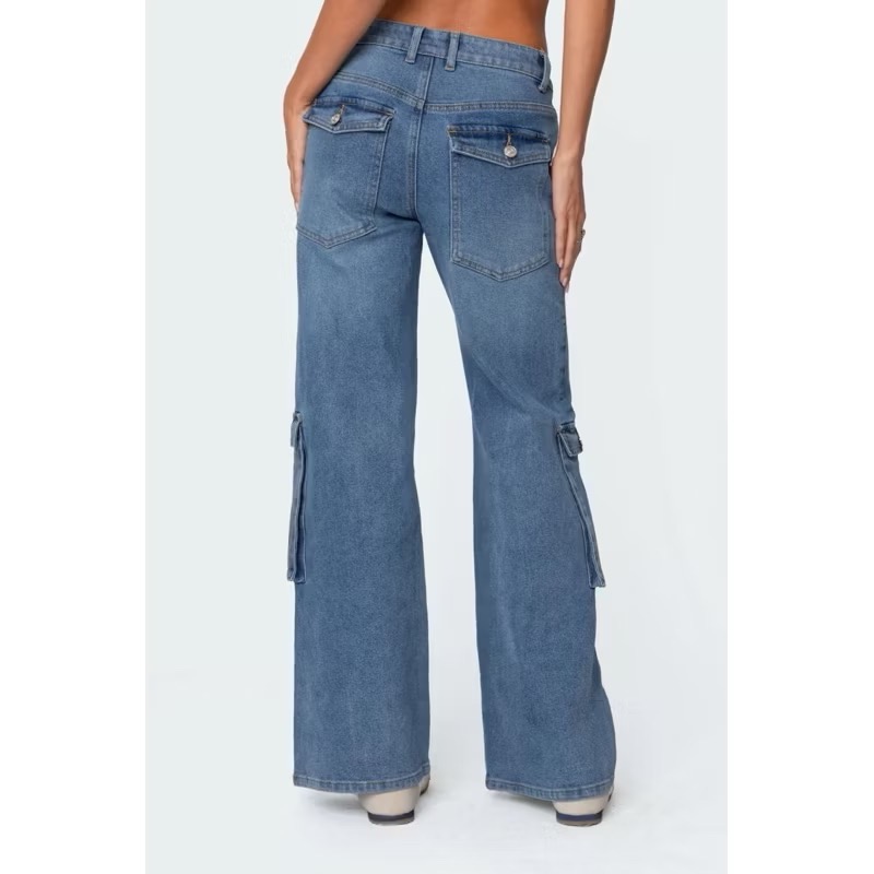 Edikted高腰藍色刷色側邊大口袋彈性直筒單寧牛仔褲工裝褲cargo jeans-細節圖6