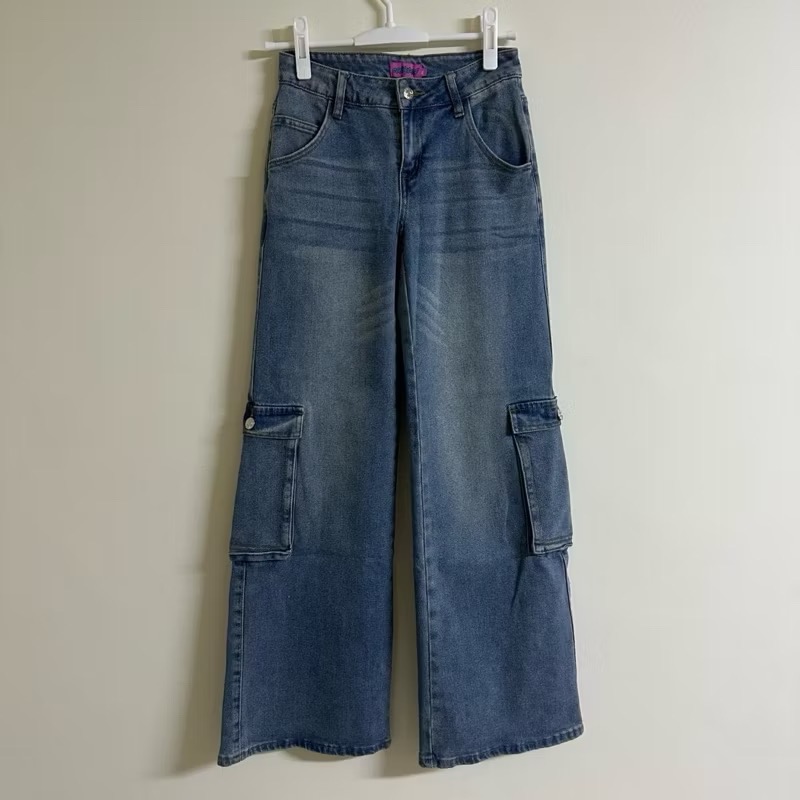 Edikted高腰藍色刷色側邊大口袋彈性直筒單寧牛仔褲工裝褲cargo jeans-細節圖7