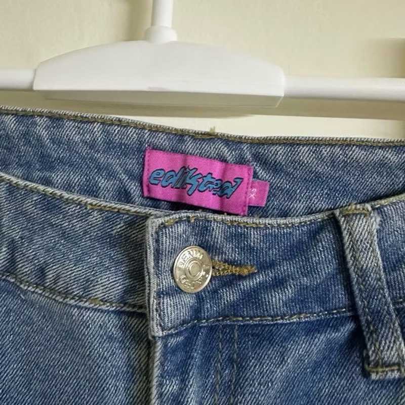 Edikted高腰藍色刷色側邊大口袋彈性直筒單寧牛仔褲工裝褲cargo jeans-細節圖8