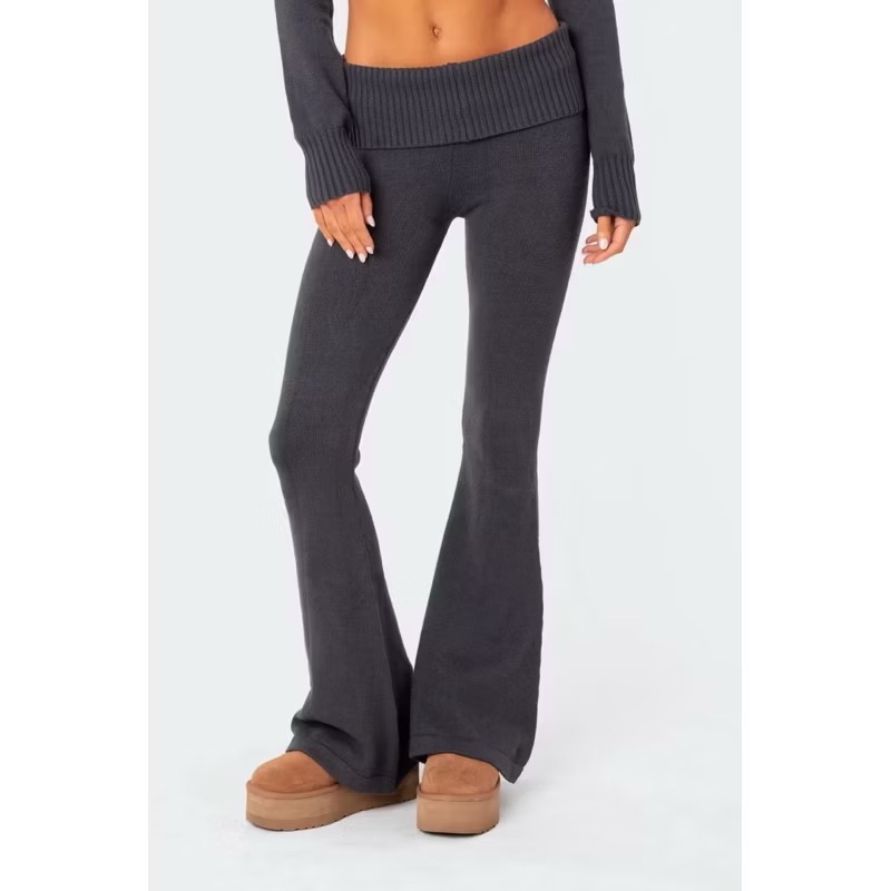 Edikted墨綠色格紋中高腰慵懶寬鬆蝴蝶結綁帶抽繩鬆緊直筒長褲寬褲-細節圖7