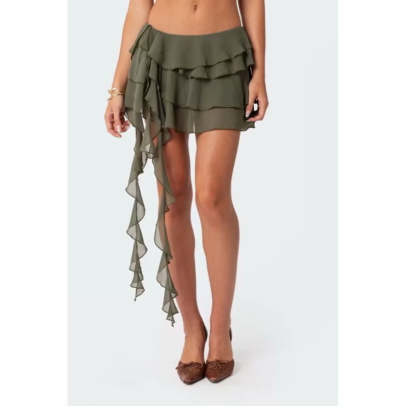 Edikted紅色烈焰玫瑰🌹荷葉邊飄逸低腰蛋糕裙短裙-細節圖5