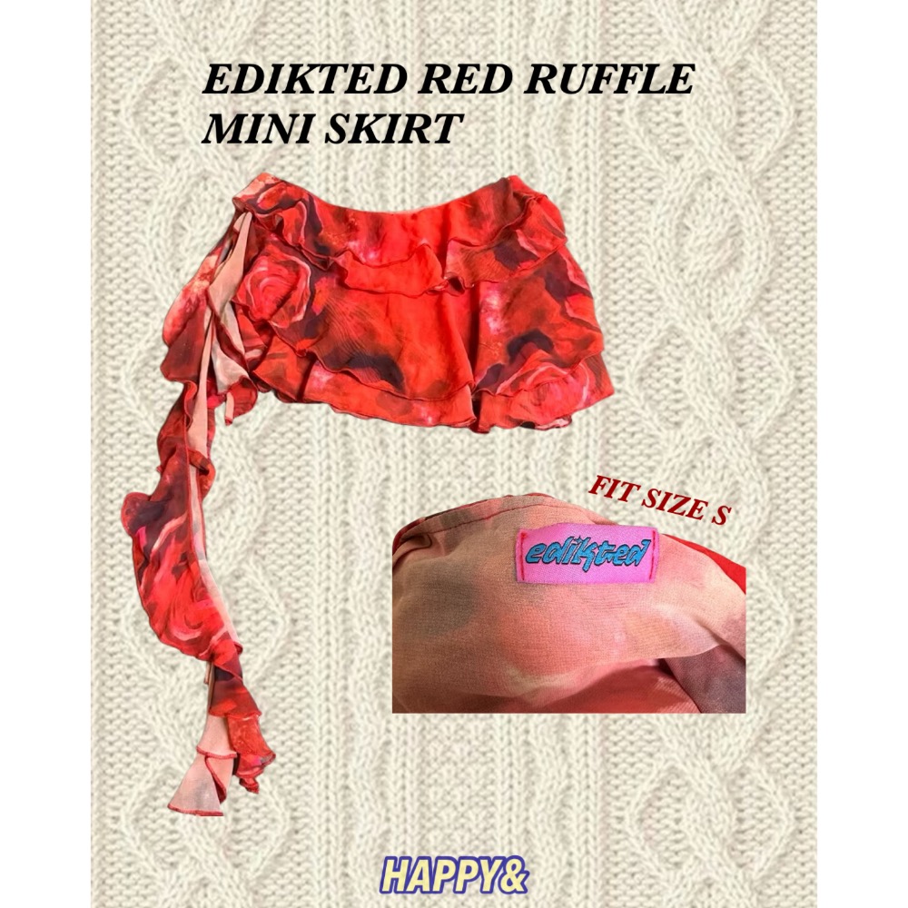 Edikted紅色烈焰玫瑰🌹荷葉邊飄逸低腰蛋糕裙短裙-細節圖8