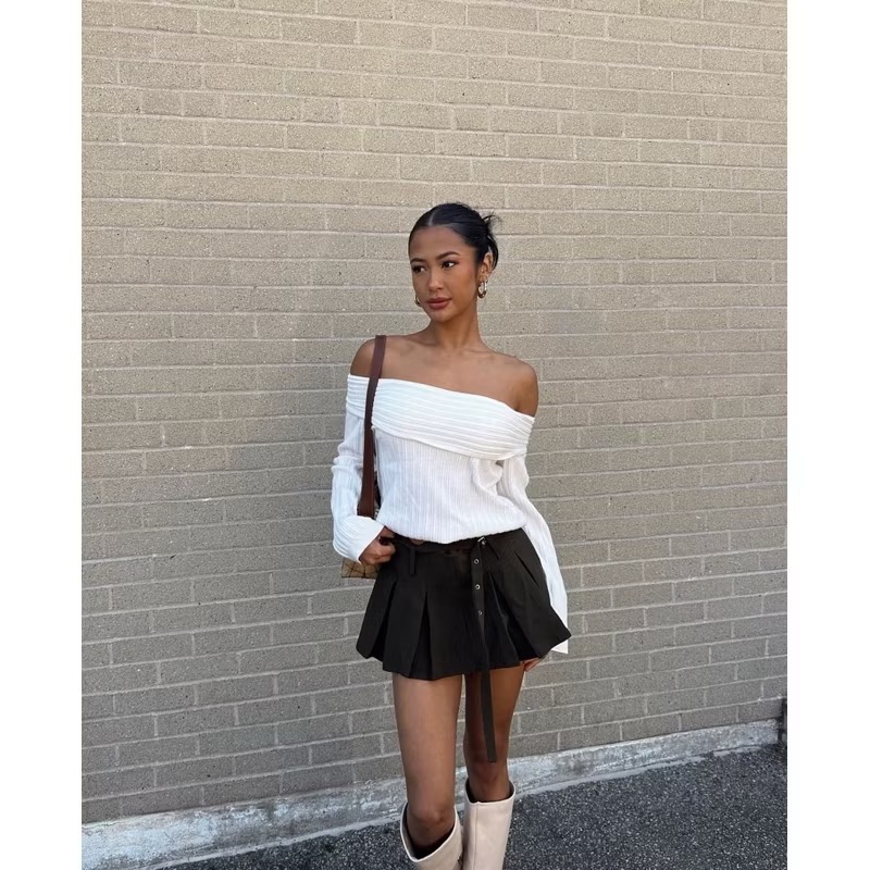 全新現貨✨Edikted橄欖綠色低腰腰帶百褶裙短裙-細節圖3