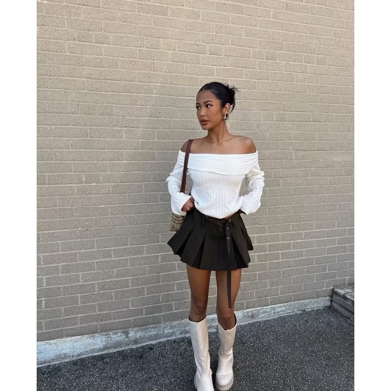 全新現貨✨Edikted橄欖綠色低腰腰帶百褶裙短裙-細節圖4