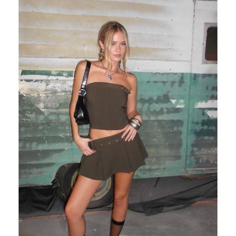 全新現貨✨Edikted橄欖綠色低腰腰帶百褶裙短裙-細節圖6