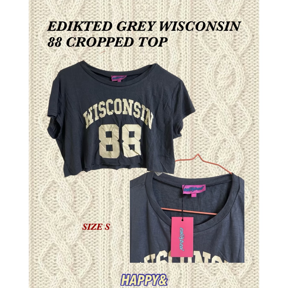 全新現貨✨Edikted藍灰色Wisconsin 數字88薄款不修邊短版短袖T恤-細節圖2