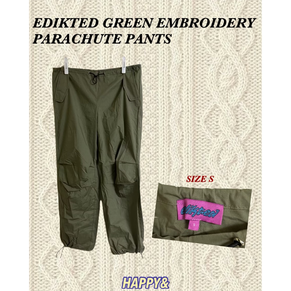 Edikted軍綠色抽繩束口腰後黑色刺繡屁股大口袋風褲刷刷褲工裝長褲cargo pants-細節圖2