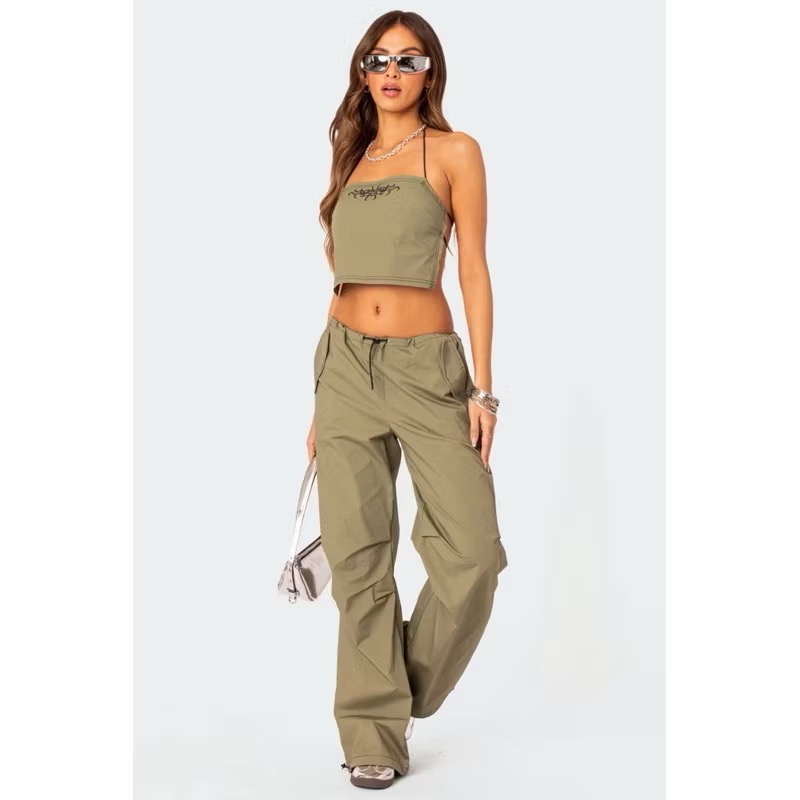 Edikted軍綠色抽繩束口腰後黑色刺繡屁股大口袋風褲刷刷褲工裝長褲cargo pants-細節圖5