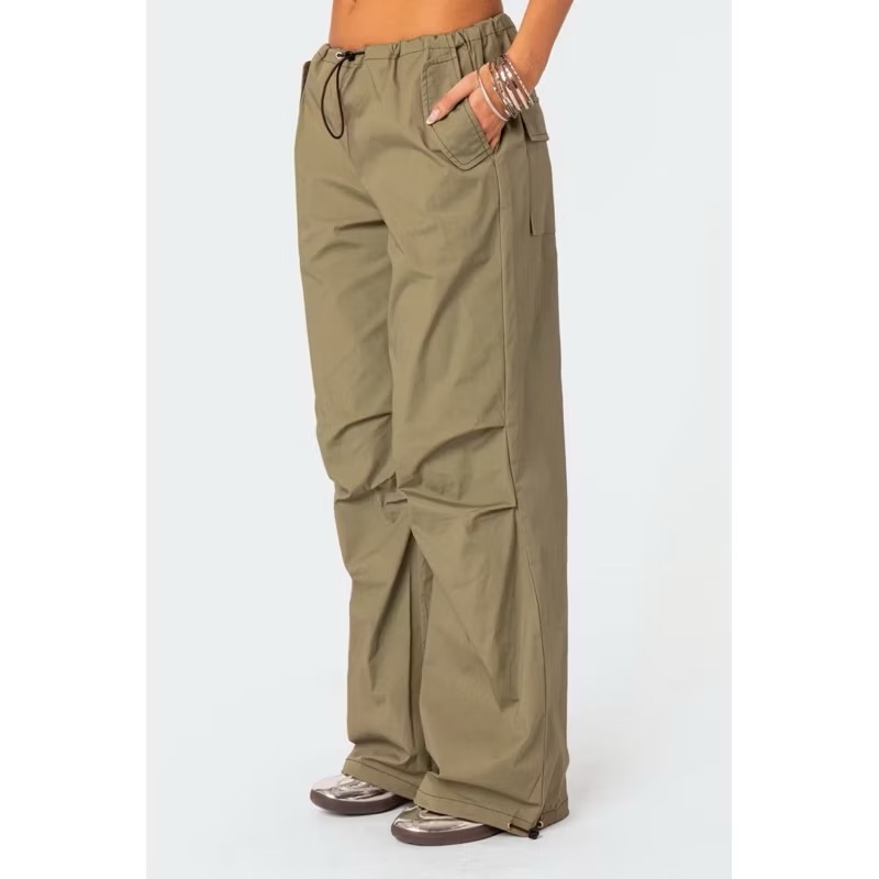 Edikted軍綠色抽繩束口腰後黑色刺繡屁股大口袋風褲刷刷褲工裝長褲cargo pants-細節圖7