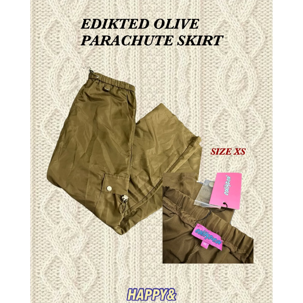 全新現貨✨Edikted橄欖綠色咖綠色彈性束口中腰後開衩側邊大口袋金屬環工裝刷刷長裙cargo skirt-細節圖2
