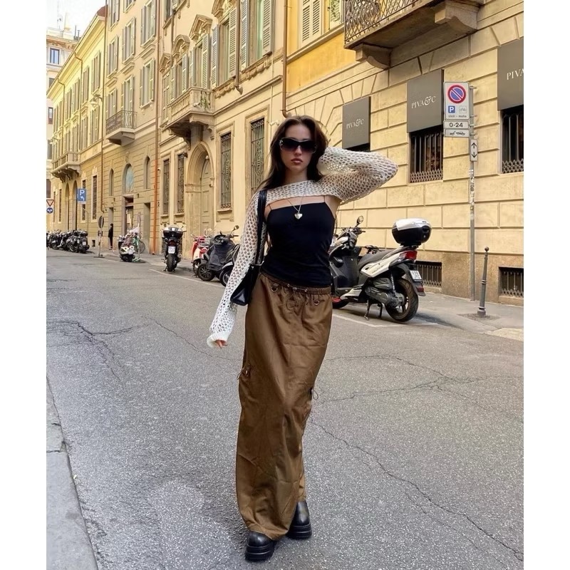 全新現貨✨Edikted橄欖綠色咖綠色彈性束口中腰後開衩側邊大口袋金屬環工裝刷刷長裙cargo skirt-細節圖4