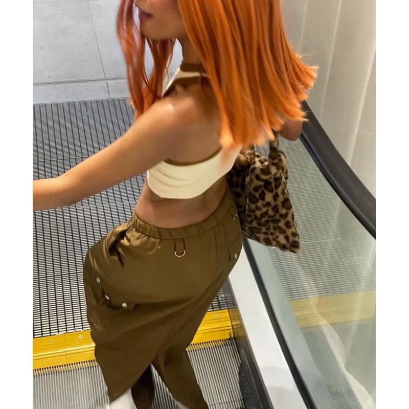 全新現貨✨Edikted橄欖綠色咖綠色彈性束口中腰後開衩側邊大口袋金屬環工裝刷刷長裙cargo skirt-細節圖6