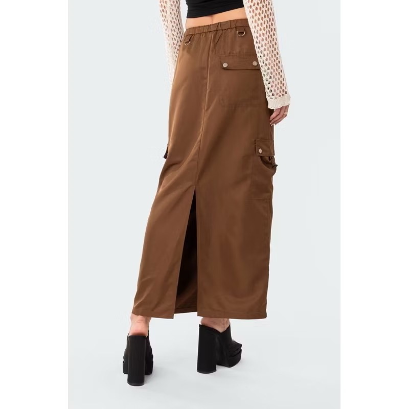 全新現貨✨Edikted橄欖綠色咖綠色彈性束口中腰後開衩側邊大口袋金屬環工裝刷刷長裙cargo skirt-細節圖8