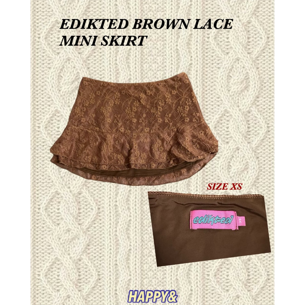 Edikted咖啡色蕾絲層次低腰蛋糕短裙迷你裙-細節圖2
