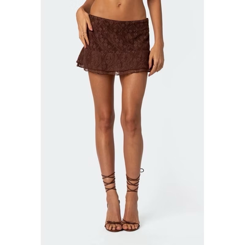 Edikted咖啡色蕾絲層次低腰蛋糕短裙迷你裙-細節圖7