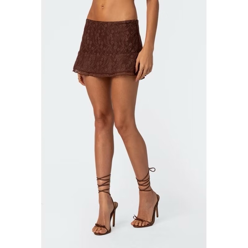 Edikted咖啡色蕾絲層次低腰蛋糕短裙迷你裙-細節圖8