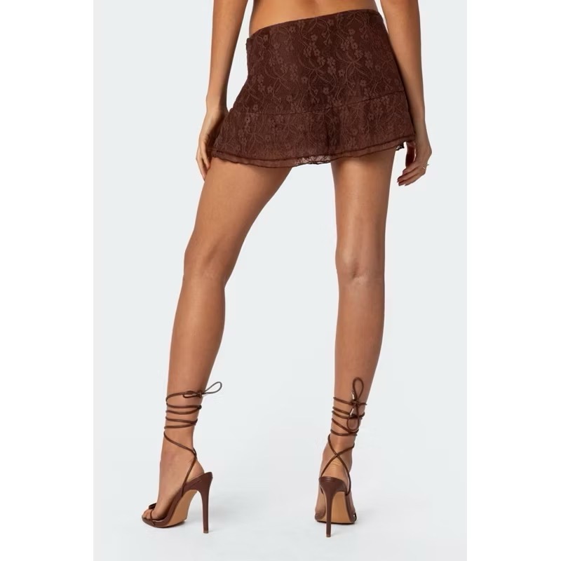 Edikted咖啡色蕾絲層次低腰蛋糕短裙迷你裙-細節圖9