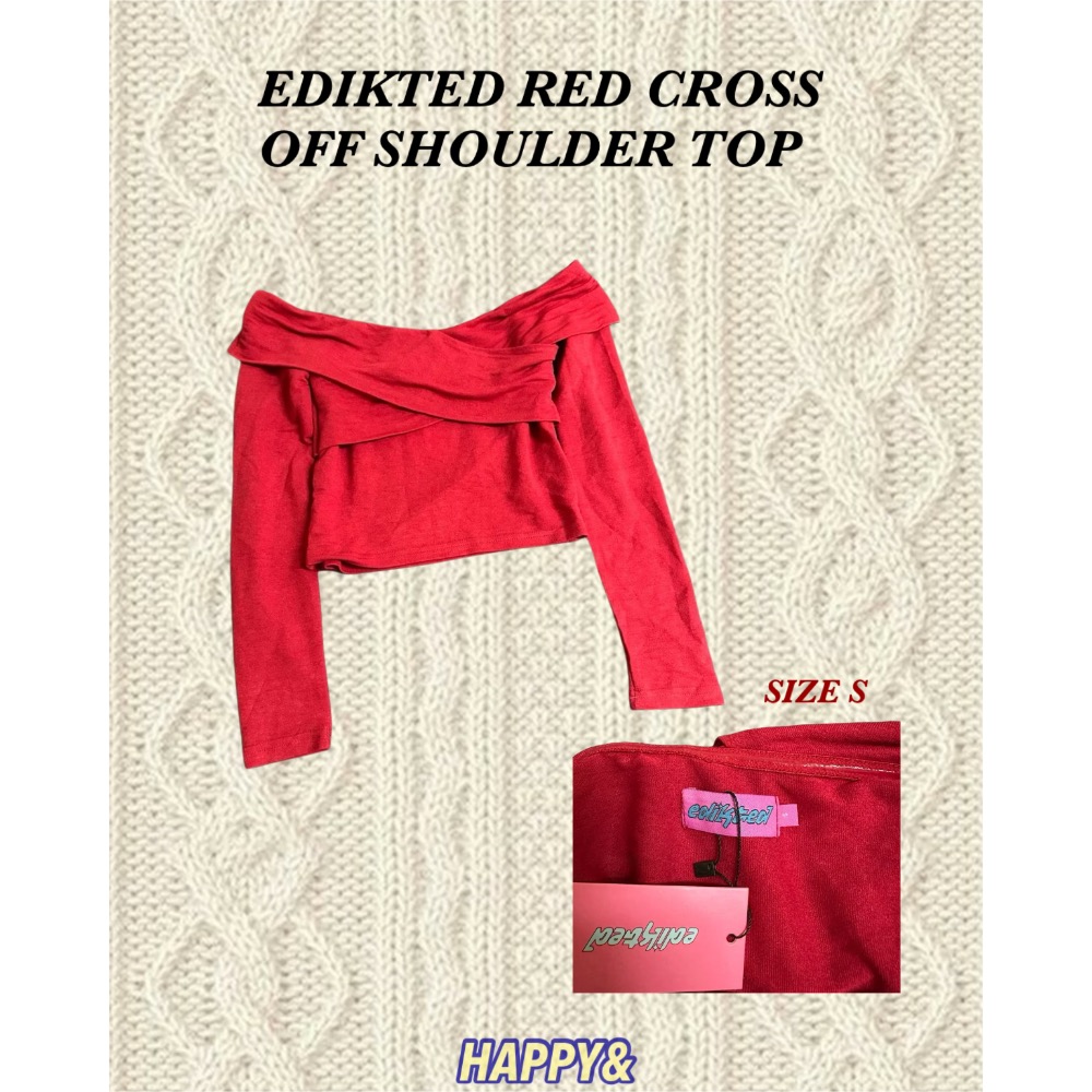 全新現貨✨Edikted紅色交叉設計彈性貼身一字領長袖短版上衣-細節圖2