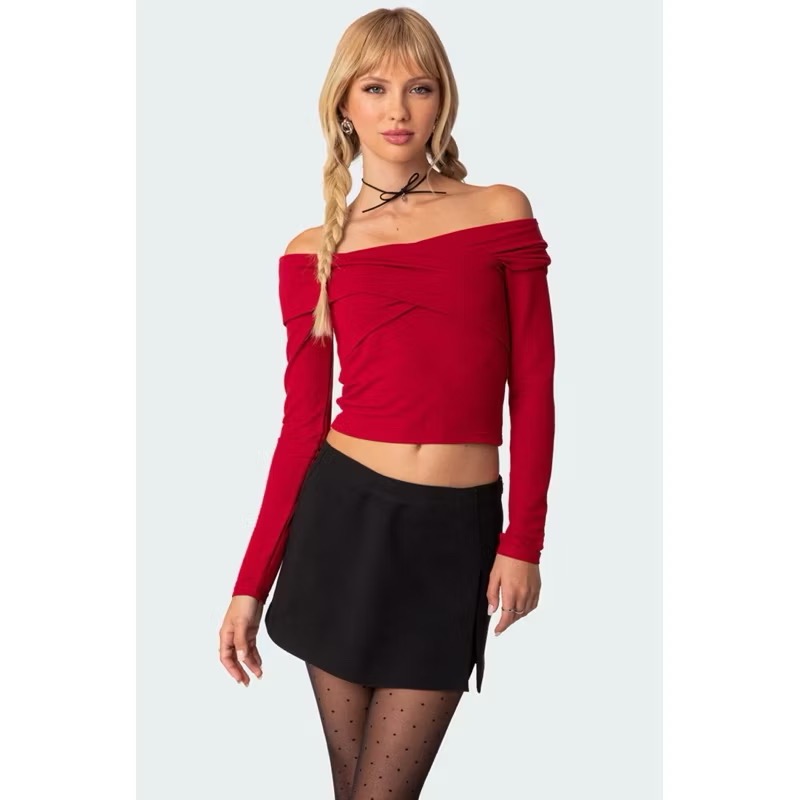 全新現貨✨Edikted紅色交叉設計彈性貼身一字領長袖短版上衣-細節圖6