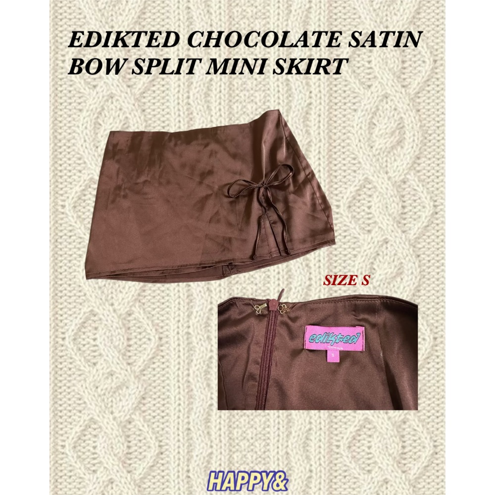 Edikted深咖啡色緞面側開衩蝴蝶結綁帶短裙-細節圖2