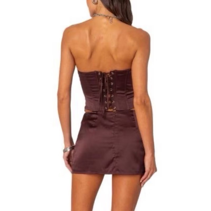 Edikted深咖啡色緞面側開衩蝴蝶結綁帶短裙-細節圖9