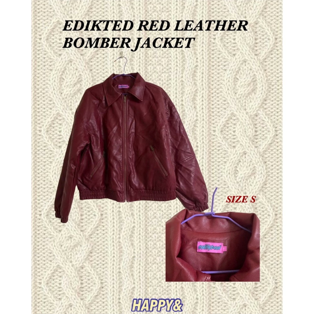 Edikted酒紅色內鋪棉縮口人造皮革立領皮衣外套bomber jacket-細節圖2