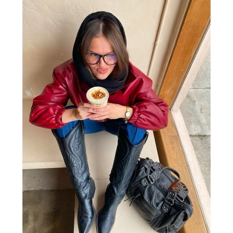 Edikted酒紅色內鋪棉縮口人造皮革立領皮衣外套bomber jacket-細節圖3