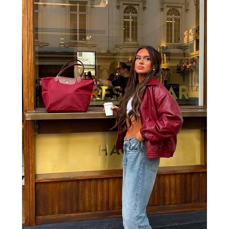 Edikted酒紅色內鋪棉縮口人造皮革立領皮衣外套bomber jacket-細節圖4