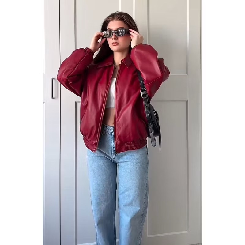 Edikted酒紅色內鋪棉縮口人造皮革立領皮衣外套bomber jacket-細節圖6