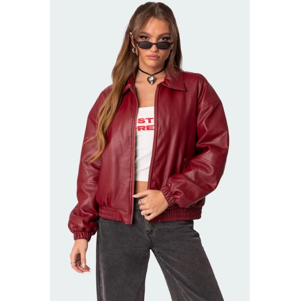 Edikted酒紅色內鋪棉縮口人造皮革立領皮衣外套bomber jacket-細節圖7