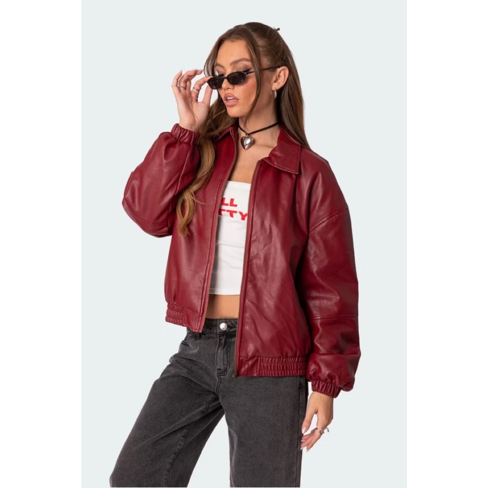 Edikted酒紅色內鋪棉縮口人造皮革立領皮衣外套bomber jacket-細節圖8