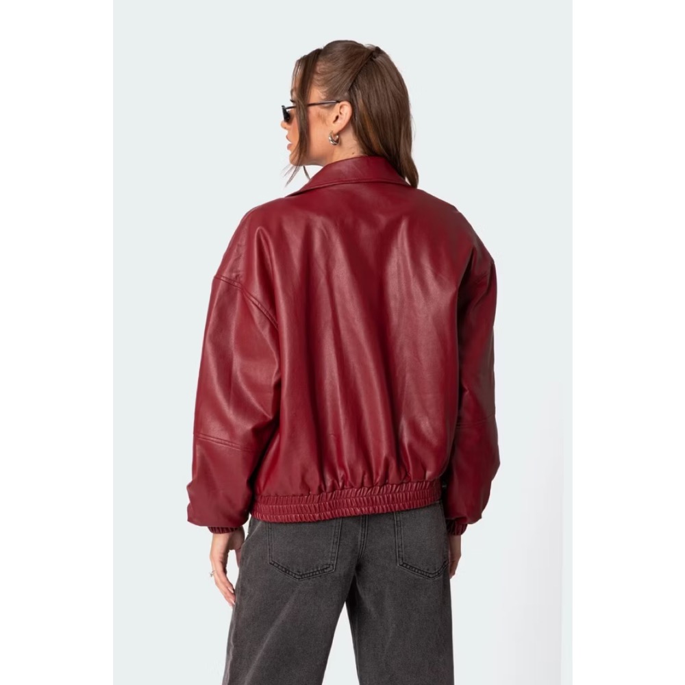 Edikted酒紅色內鋪棉縮口人造皮革立領皮衣外套bomber jacket-細節圖9