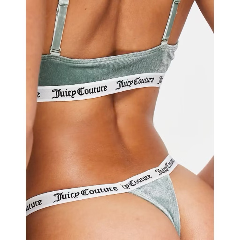 *一套*全新現貨✨juicy couture湖水綠絲絨天鵝絨彈性logo成套內衣褲細肩帶背心背心+丁字褲-細節圖4