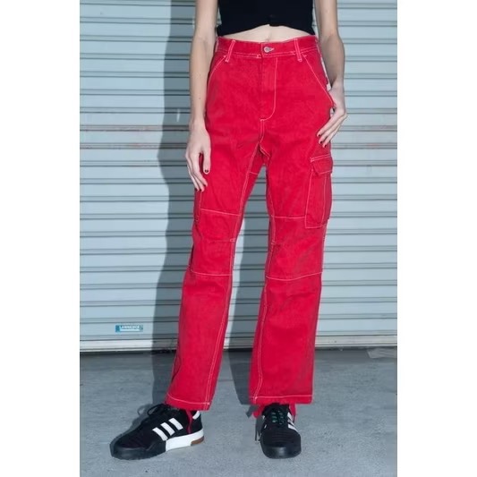 Brandy Melville 紅色燈芯絨高腰工裝長褲直筒褲縮口-細節圖3