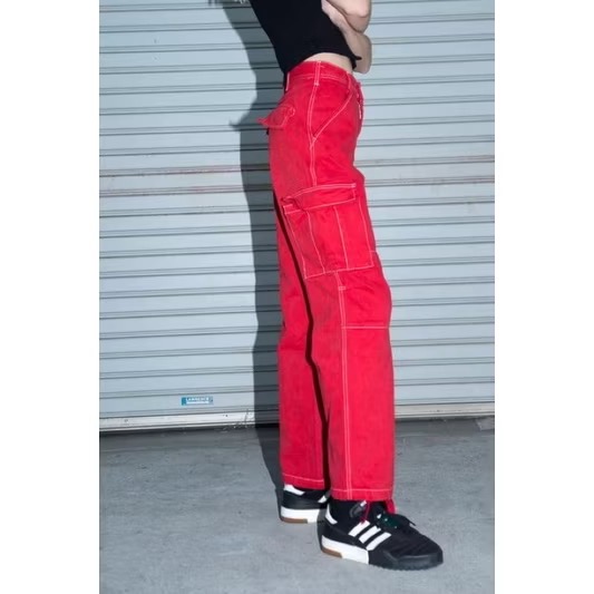 Brandy Melville 紅色燈芯絨高腰工裝長褲直筒褲縮口-細節圖4